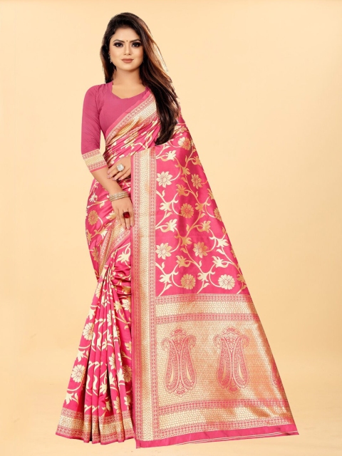 

Hinayat Fashion Pink & Gold-Toned Woven Design Zari Silk Blend Banarasi Saree