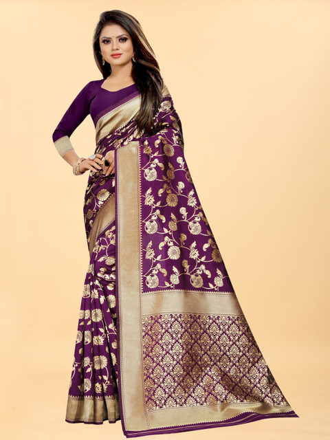 

Hinayat Fashion Purple & Gold-Toned Woven Design Zari Silk Blend Banarasi Saree