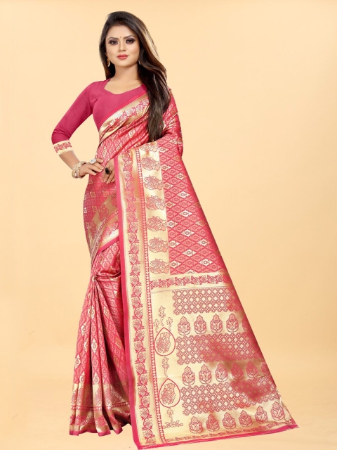 

Hinayat Fashion Pink & Gold-Toned Woven Design Zari Silk Blend Banarasi Saree