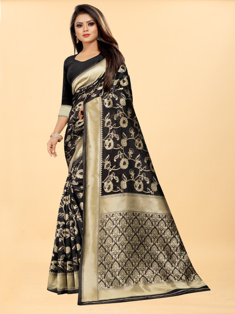 

Hinayat Fashion Black & Gold-Toned Woven Design Zari Silk Blend Banarasi Saree