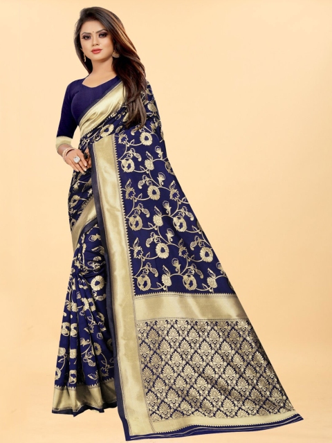 

Hinayat Fashion Blue & Gold-Toned Woven Design Zari Silk Blend Banarasi Saree