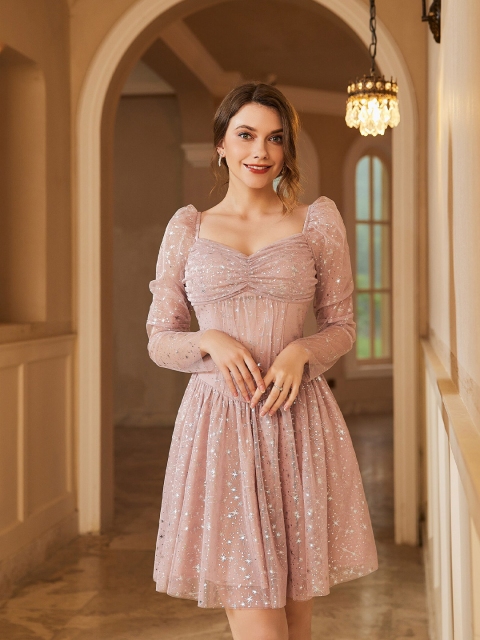 

URBANIC Pink Sparkly Ruched Cocktail Sheer Dress