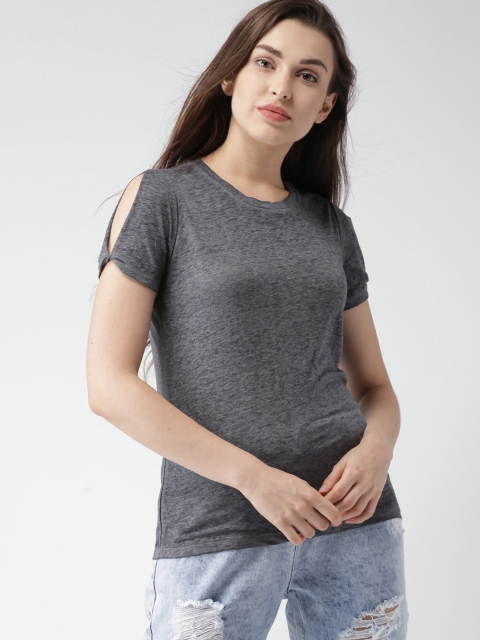 

FOREVER 21 Women Charcoal Grey Solid Round Neck T-shirt