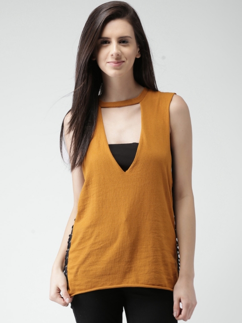 

FOREVER 21 Women Mustard Yellow Solid Pure Cotton Top