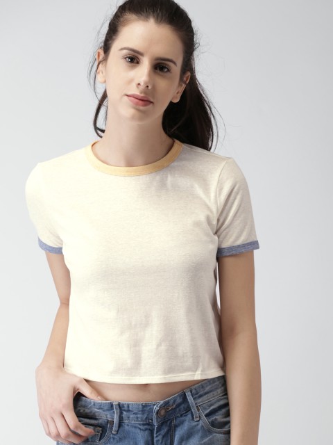 

FOREVER 21 Women Cream-Coloured Solid Round Neck Crop T-shirt