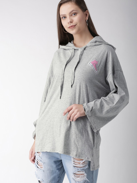 

FOREVER 21 Women Grey Melange Solid Hooded Sweatshirt
