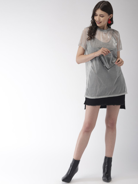 

FOREVER 21 Women Grey Self Design Sheer Top