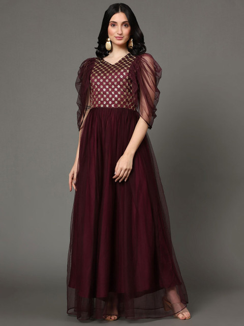 

VAANI CREATION Maroon Net Ethnic Maxi Dress