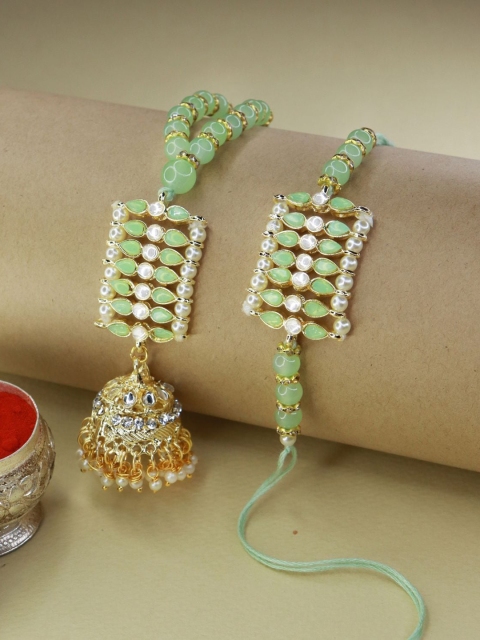 

I Jewels Set Of 2 Green & White Beaded Lumba & Rakhi