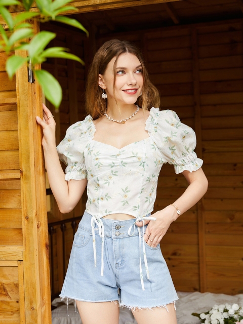 

URBANIC White & Green Floral Embroidered Sweetheart Neck Blouson Crop Top