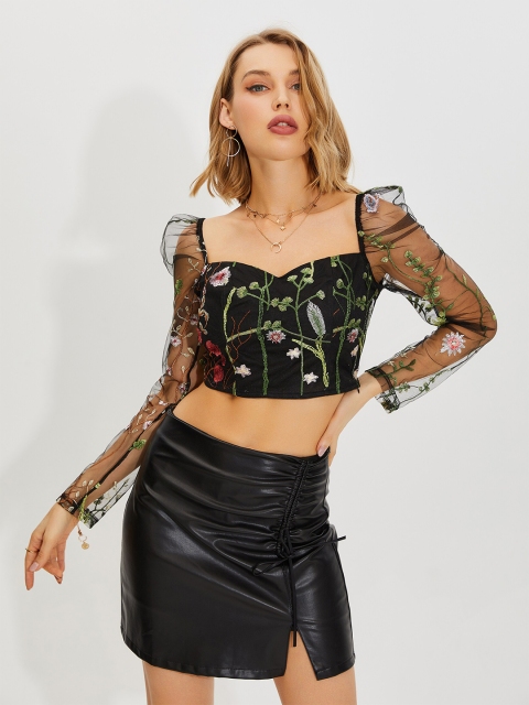 

URBANIC Black Floral Embroidered Sweetheart Neck Blouson Crop Top