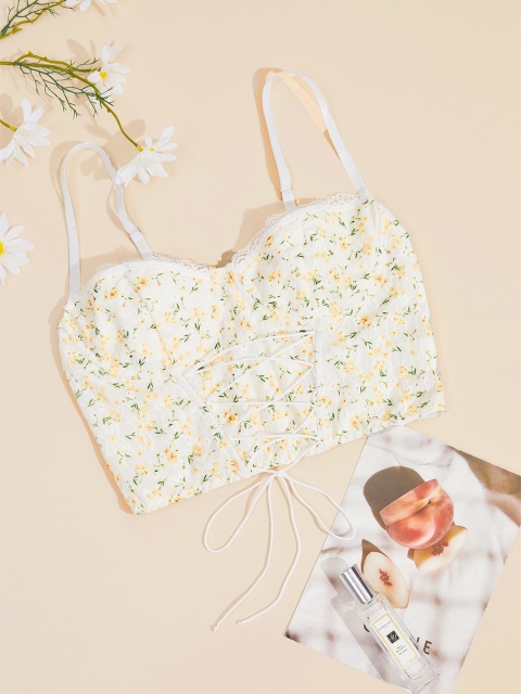 

URBANIC White Floral Printed Styled Back Crop Top