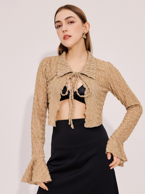 

URBANIC Camel Brown Ruffles Shirt Style Crop Top