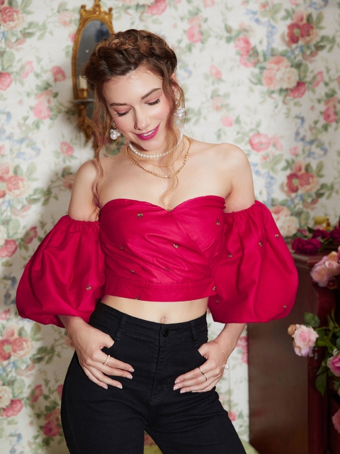 

URBANIC Red Off-Shoulder Bardot Crop Top