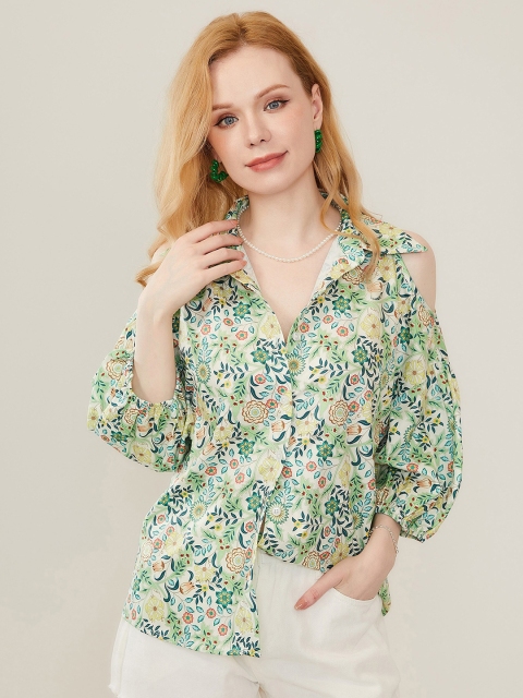 

URBANIC Green Floral Print Shirt Style Top