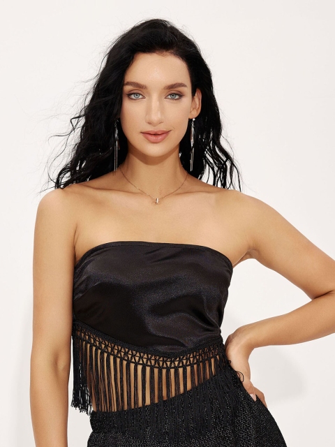 

URBANIC Black Fringed Tube Crop Top