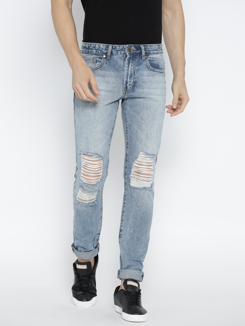 

FOREVER 21 Men Blue Regular Fit Mid-Rise Highly Distressed Jeans