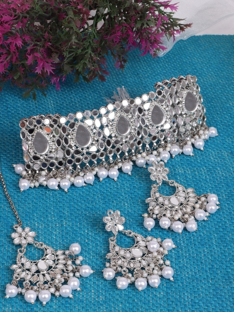 

JEWELS GEHNA Silver Plated White Crystals & Mirror Studded Jewellery Set