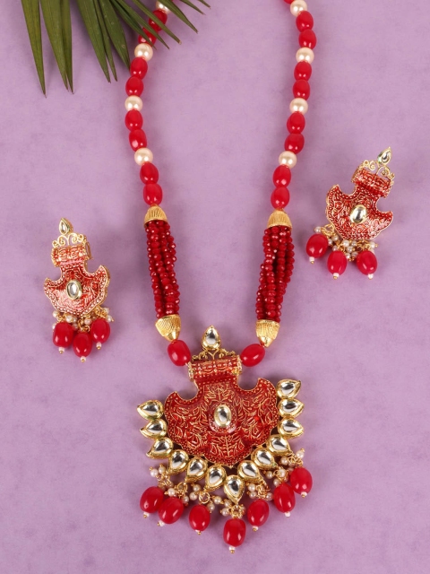 

JEWELS GEHNA Gold-Plated & Red Kundan Studded Jewellery Set