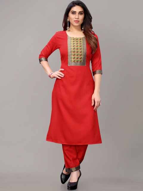 

AYKA CLOTHINGS Women Red Yoke Design Panelled Patchwork Kurti with Trousers