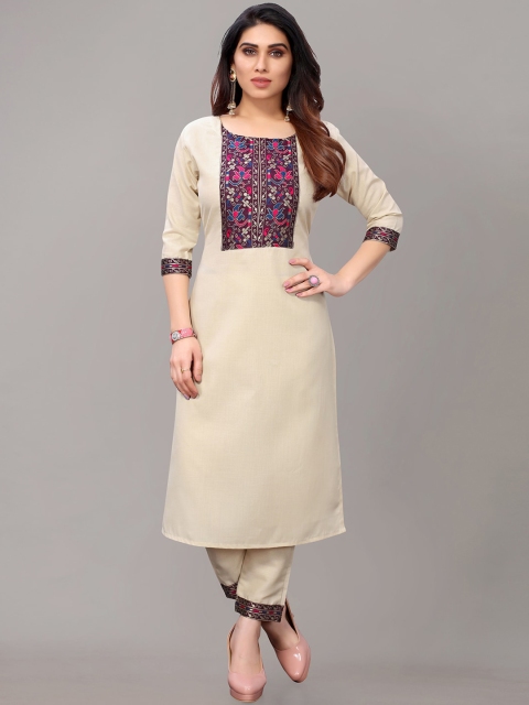 

AYKA CLOTHINGS Women Beige Yoke Design Panelled Patchwork Kurti with Trousers