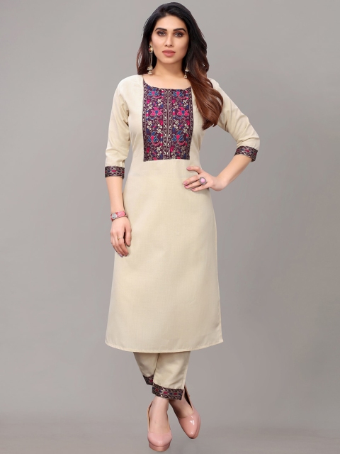 

AYKA CLOTHINGS Women Beige Yoke Design Panelled Patchwork Kurti with Trousers