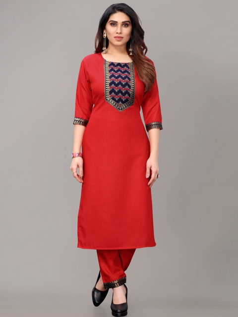 

AYKA CLOTHINGS Women Red Yoke Design Panelled Patchwork Kurti with Trousers
