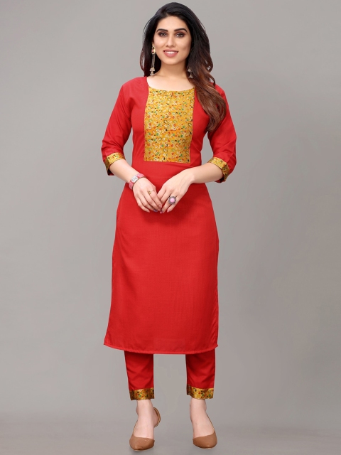 

AYKA CLOTHINGS Women Red Yoke Design Panelled Patchwork Kurti With Trousers