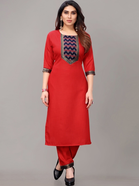 

AYKA CLOTHINGS Women Red Yoke Design Patchwork Kurta with Trousers