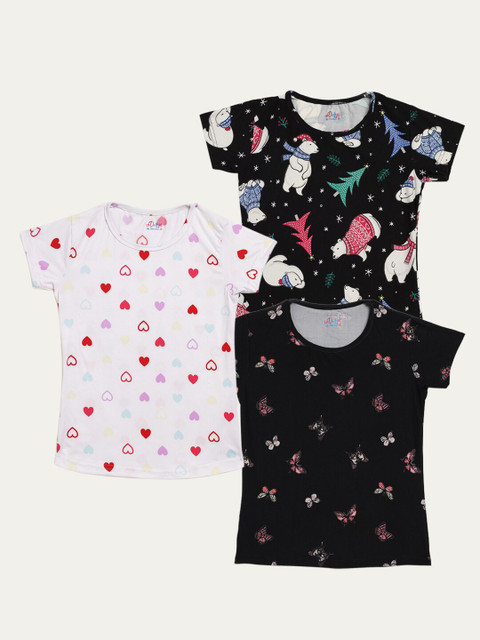 

Little Drops Girls Pack of 3 White & Black Floral Printed Cotton T-shirts