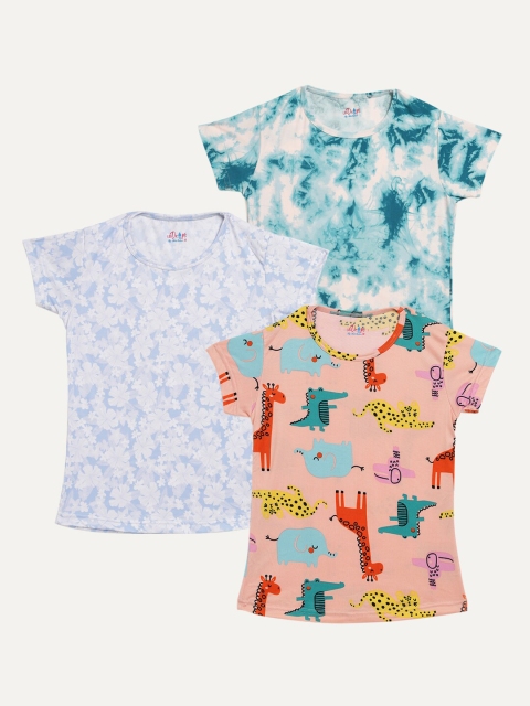 

Little Drops Girls Pack of 3 Blue & Peach-Coloured Tie and Dye Printed Cotton T-shirts