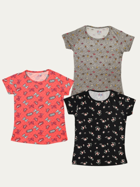 

Little Drops Girls Orange & Grey Floral 3 Printed T-shirt