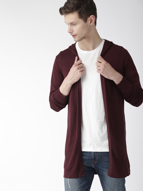 

FOREVER 21 Men Burgundy Solid Hooded Front-Open Longline Sweater