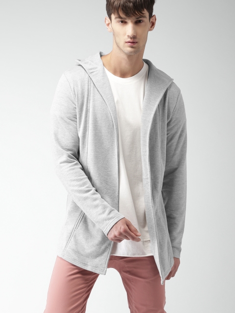 

FOREVER 21 Men Grey Solid Open Front Hooded Jacket