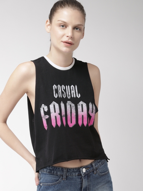 

FOREVER 21 Women Black Printed Round Neck Cropped T-shirt