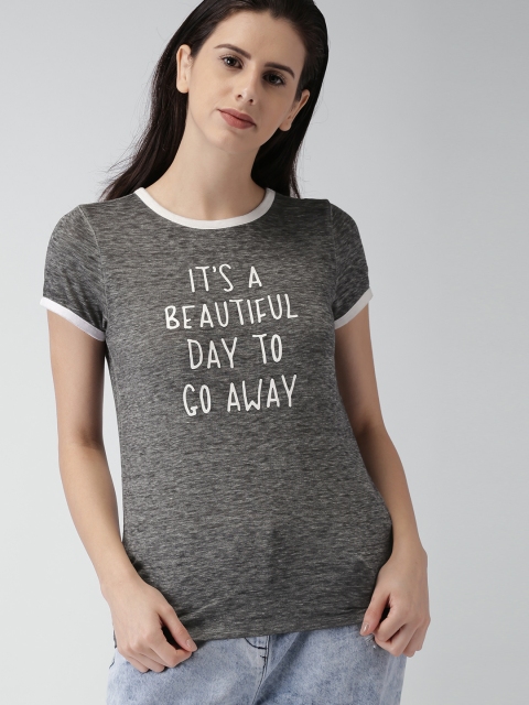 

FOREVER 21 Women Grey Melange Printed Round Neck T-Shirt