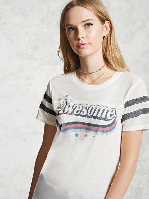 

FOREVER 21 Women White Printed Round Neck T-shirt