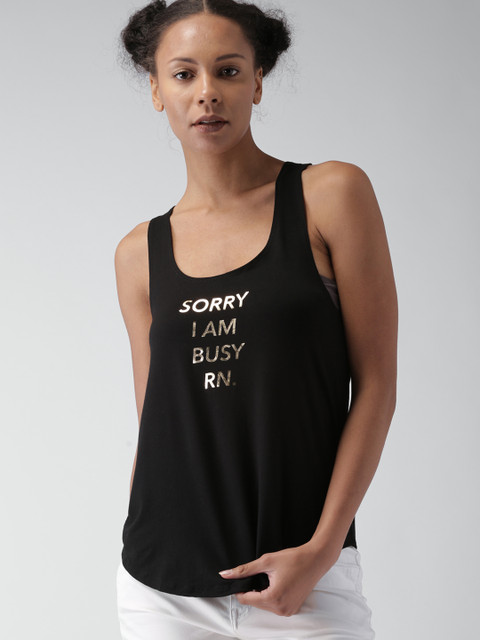 

FOREVER 21 Women Black Printed Round Neck Sleeveless T-shirt