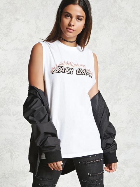 

FOREVER 21 Women White Printed Round Neck Sleeveless T-shirt