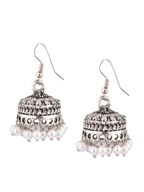 

Efulgenz White Rhodium-Plated Oxidised Dome Shaped Jhumkas Earrings