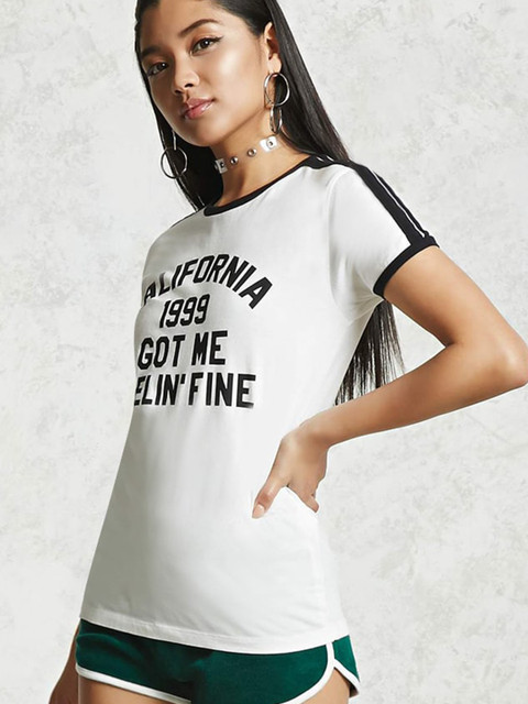 

FOREVER 21 Women White Printed Round Neck T-shirt