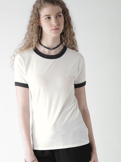 

FOREVER 21 Women Off-White Solid Round Neck T-shirt