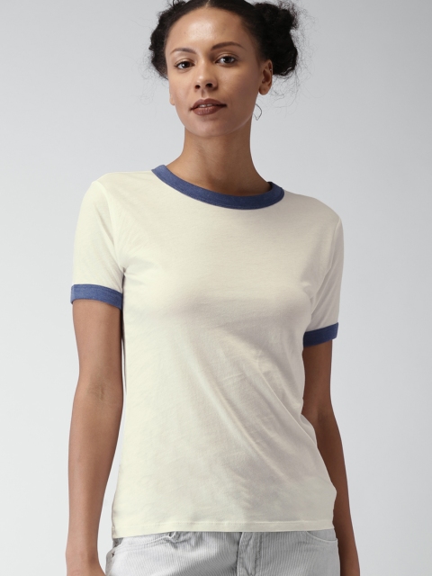 

FOREVER 21 Women White Solid Round Neck Pure Cotton T-shirt