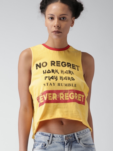 

FOREVER 21 Women Yellow Printed Round Neck Crop T-Shirt