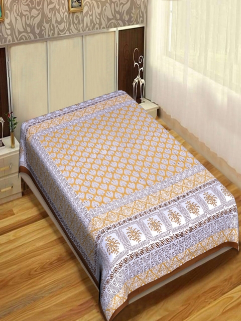 

INDHOME LIFE Mustard & White Ethnic Motifs 144 TC Pure Cotton Single Bedsheet