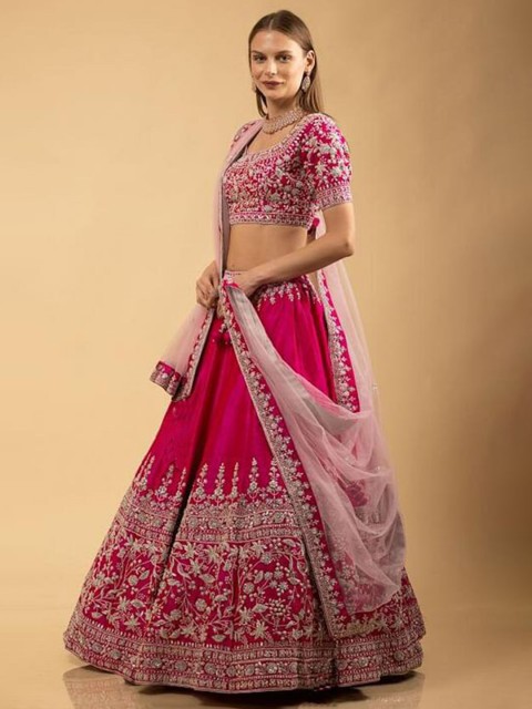 

RIVAMA Pink & Gold-Toned Embroidered Mirror Work Semi-Stitched Lehenga Set