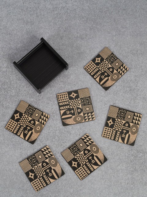 

HomeTown Pack of 6 Printed Engineered Wood Coasters, Beige