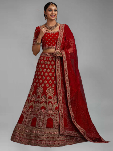 

RIVAMA Red Embroidered Sequinned Shibori Semi-Stitched Lehenga & Blouse With Dupatta