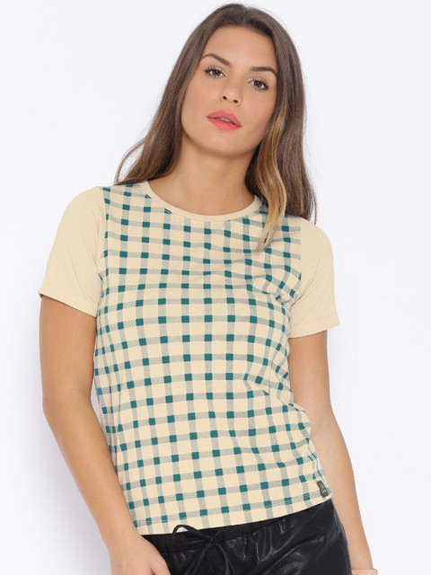 

CULT FICTION Women Beige Checked Pure Cotton T-shirt