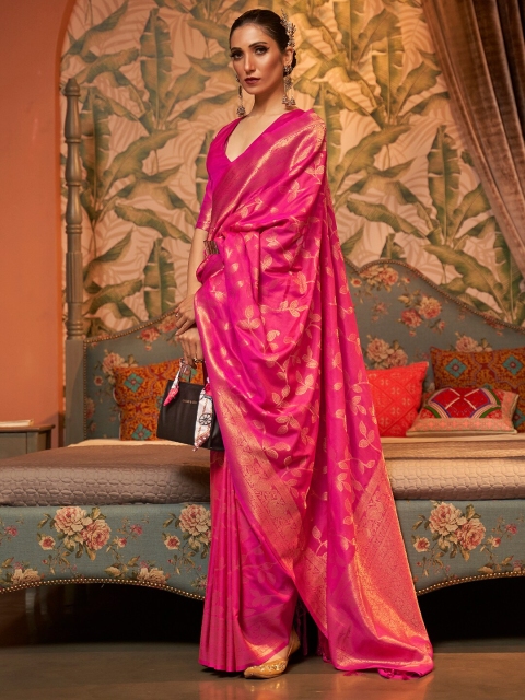 

Mitera Pink & Gold-Toned Ethnic Motifs Zari Silk Blend Kanjeevaram Saree